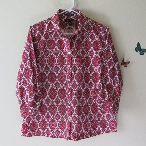 Lands End Women's Supima Red White Damask Button Down 3/4 Sleeves Size 12 NWOT - Picture 1 of 10
